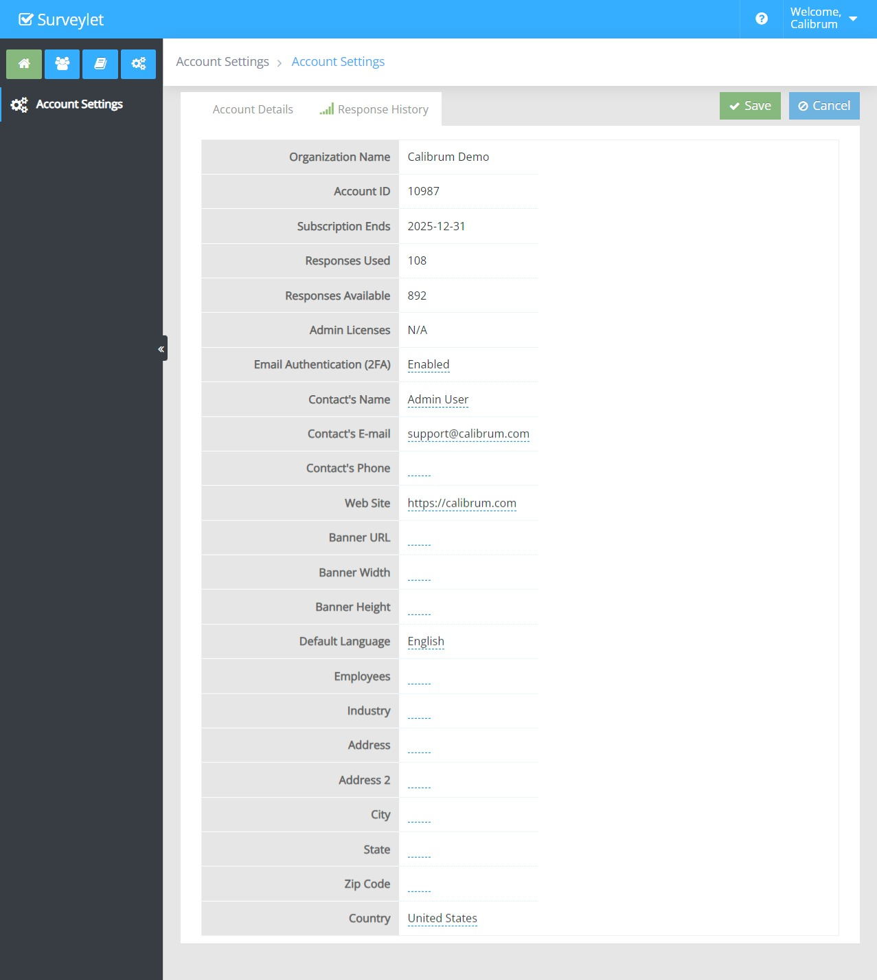 Account Settings — configuration example
