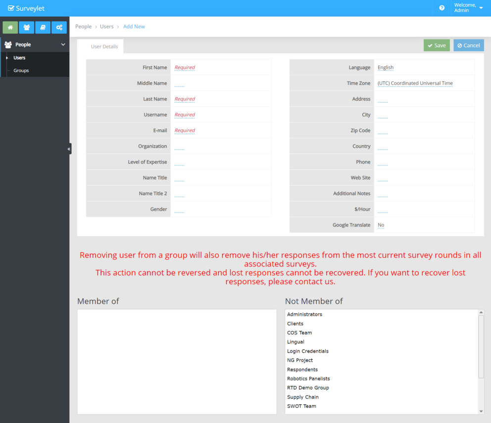 The Add New User form collects user details and group membership.