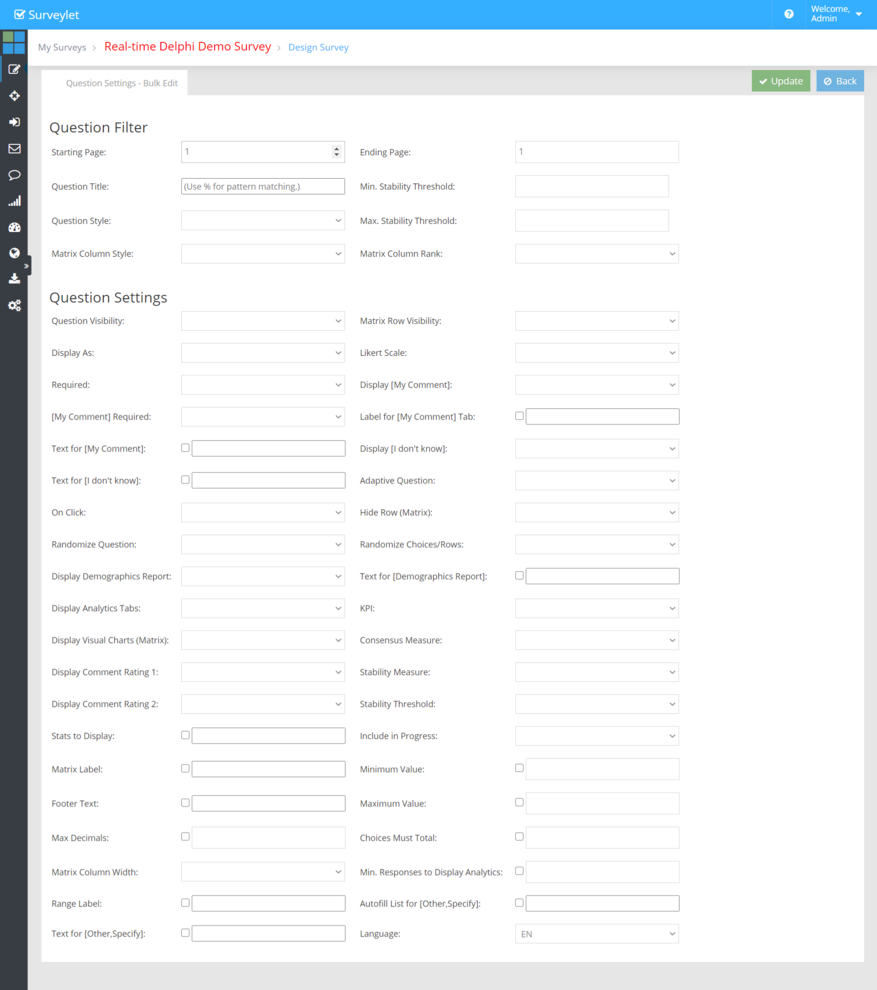 Bulk Edit Question Settings applies changes to selected questions.