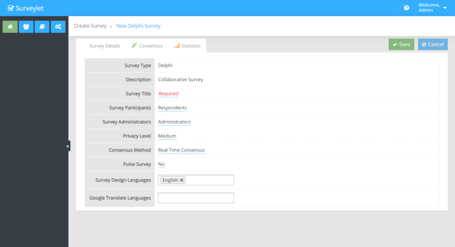 The survey creation form contains the initial settings for the study.