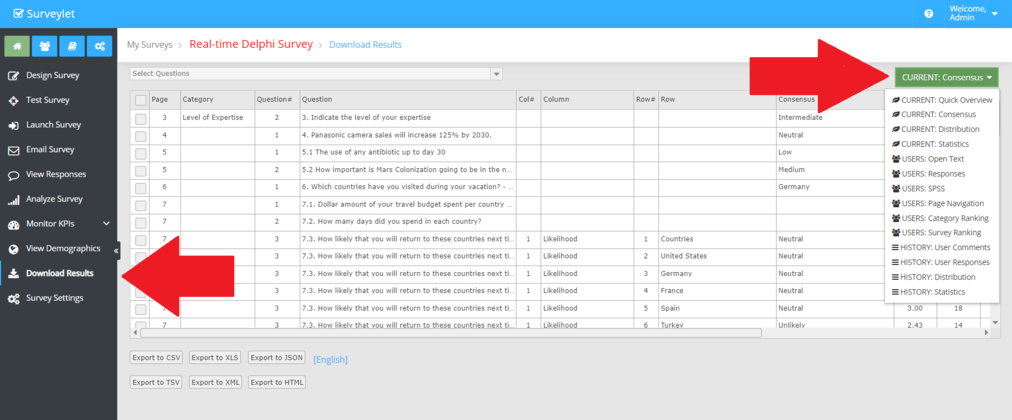 Download Results lists the available report types.
