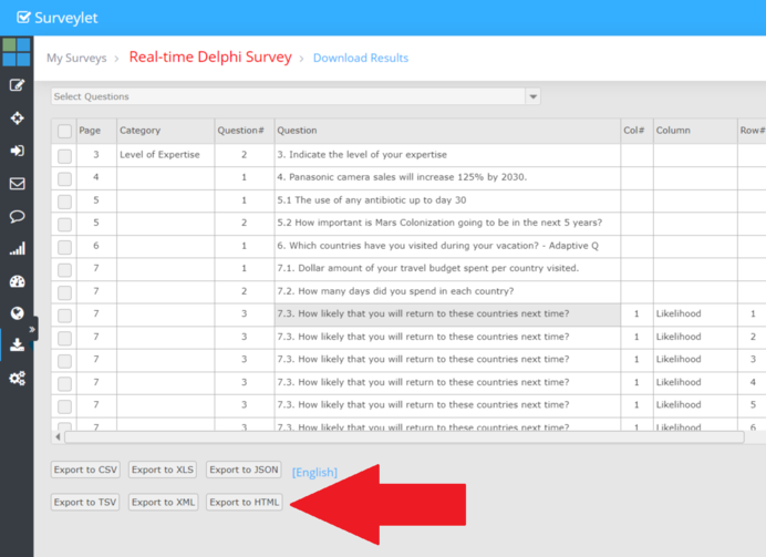 Use the download action after selecting the required questions.