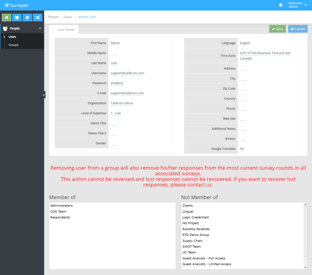 Edit User lets you review an existing user’s details and assigned groups.