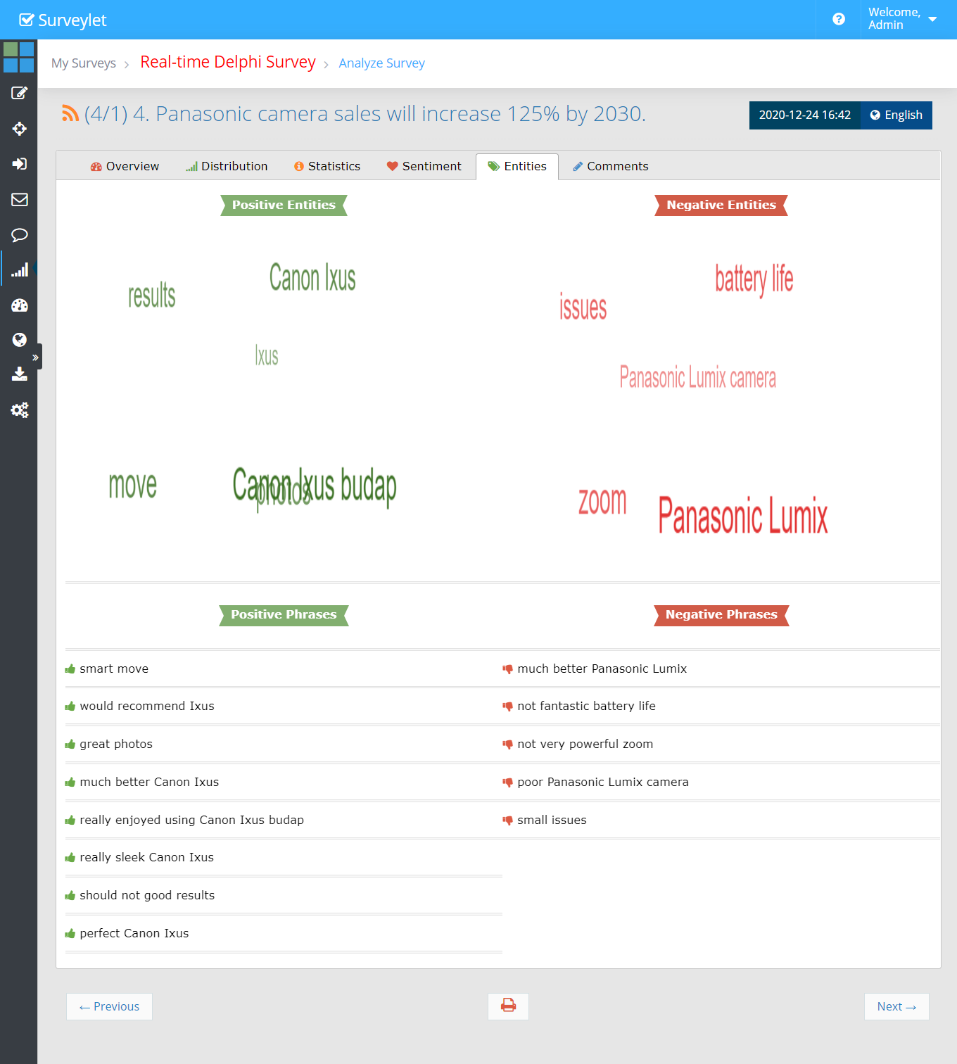Example entity analysis output. This feature depends on the available optional NLP service.