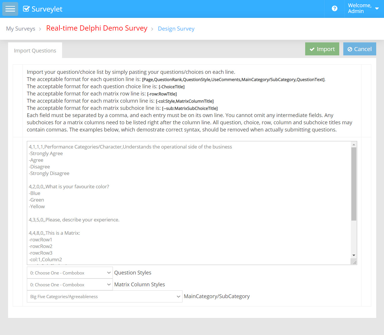 Paste and review the question import content.