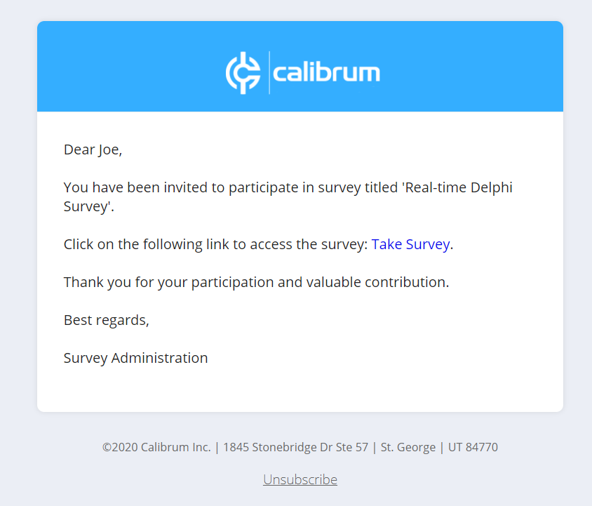 Example invitation showing the link used to enter a survey.