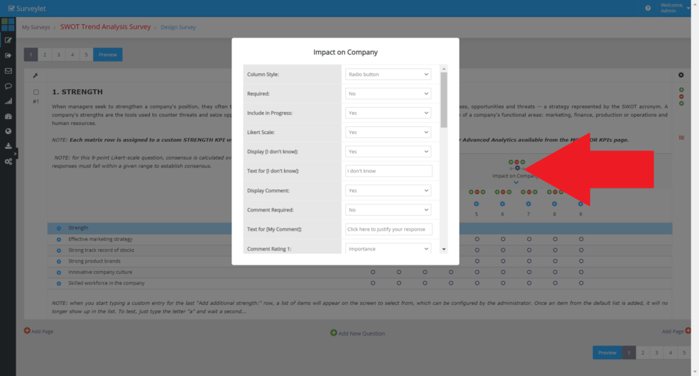 Matrix Column Settings controls an individual rating or input column.