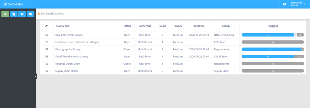 My Delphi Surveys provides the starting point for creating and managing your studies.