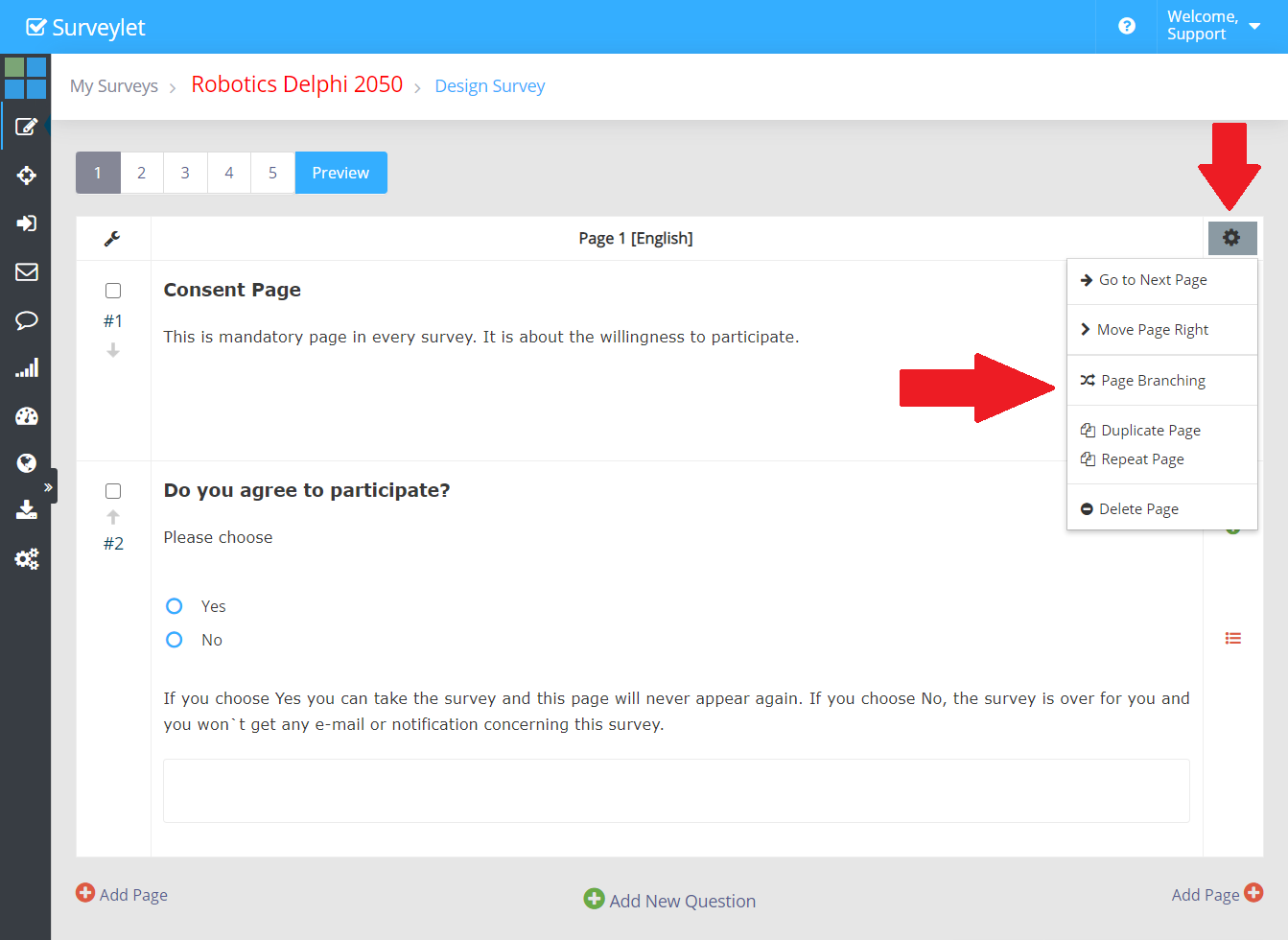 Open Page Branching from the page menu.