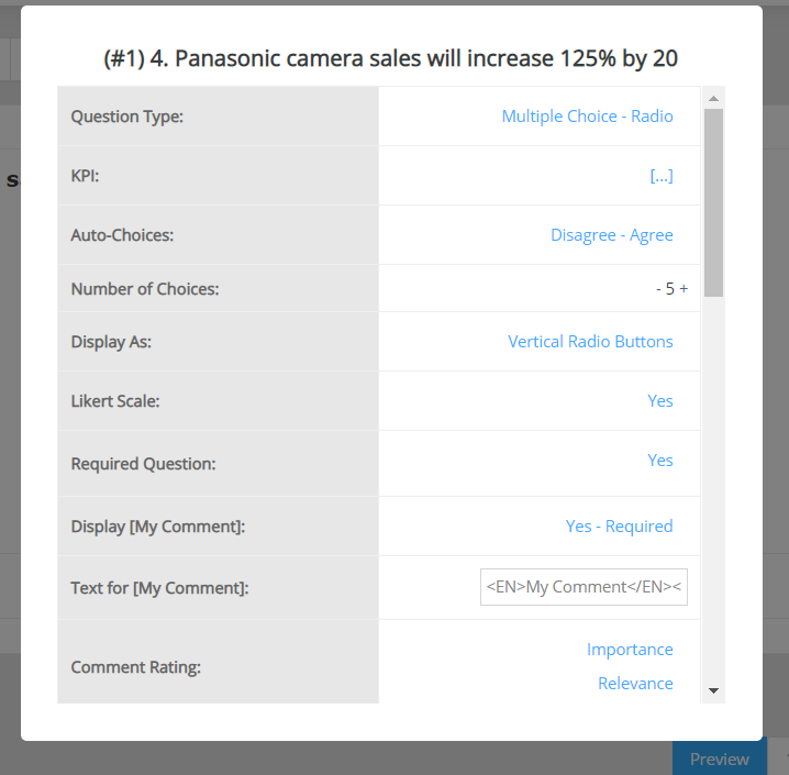 The Question Settings window contains controls that vary by question type.