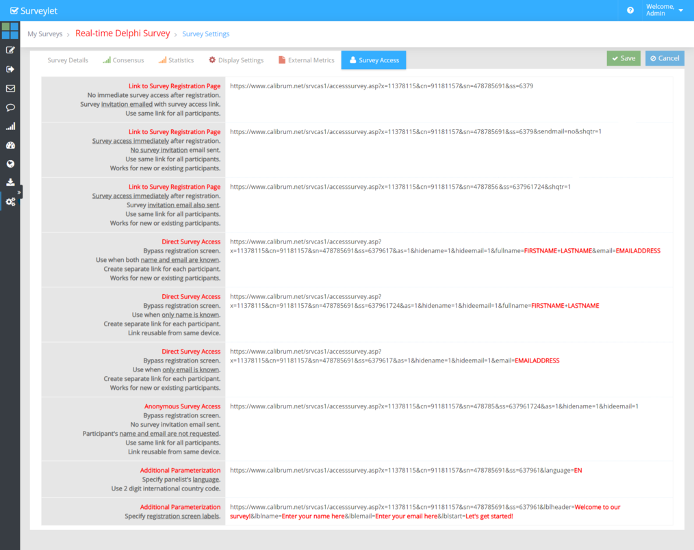 Survey Access lists the available registration and survey link options.
