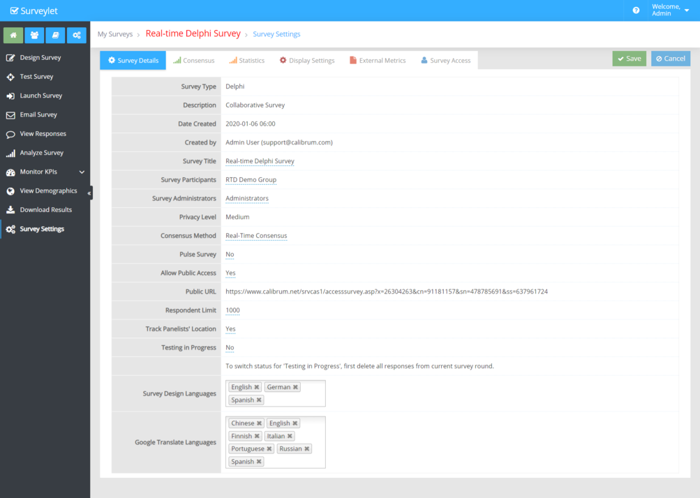 Survey Details brings together the study’s main configuration options.