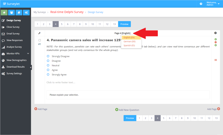 Use the language selector to choose the version you are editing in the designer.
