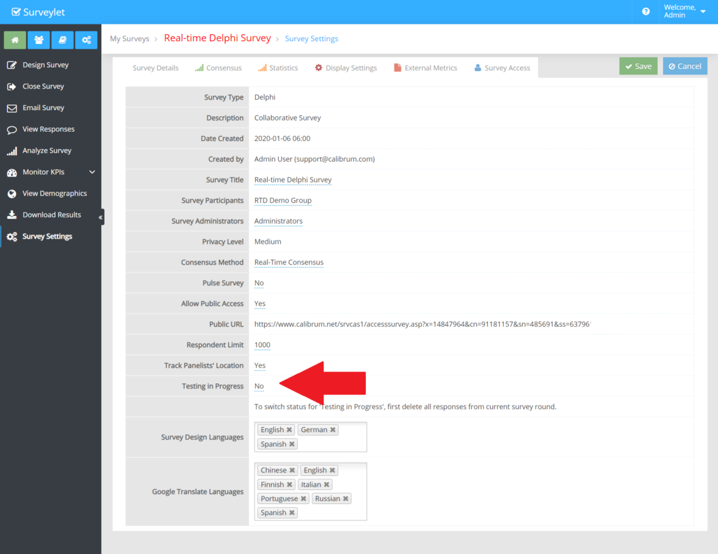 Configure survey testing before inviting the full panel.