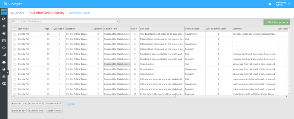 Example participant responses export.